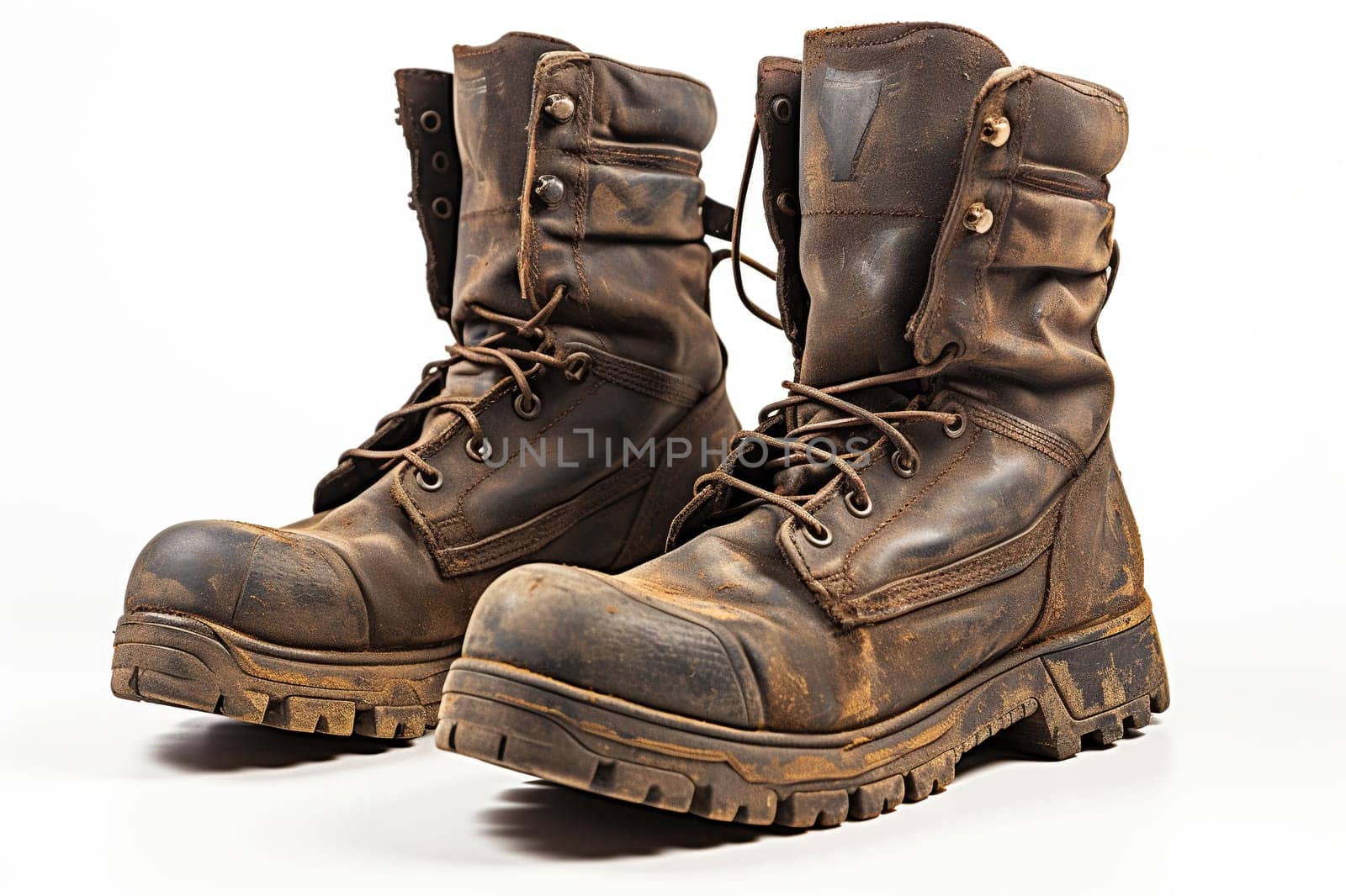 Old worn military boots on a white background. Generated by artificial intelligence by Vovmar