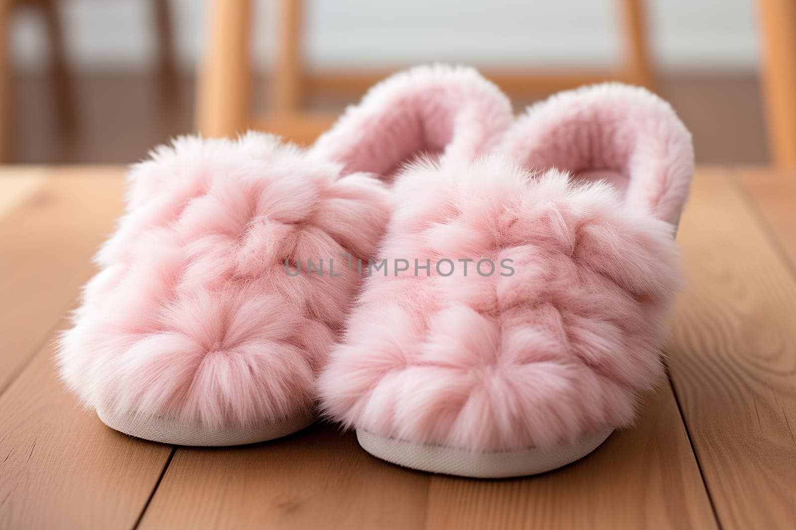 Pink fluffy women's house slippers.