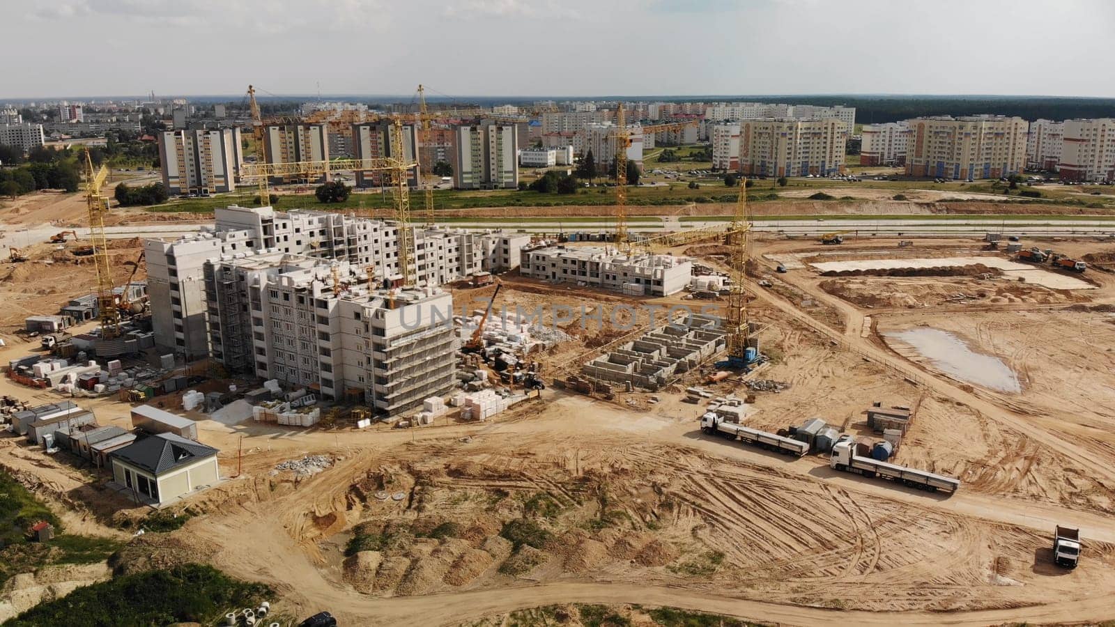 Construction of apartment buildings in Belarus. Drone view