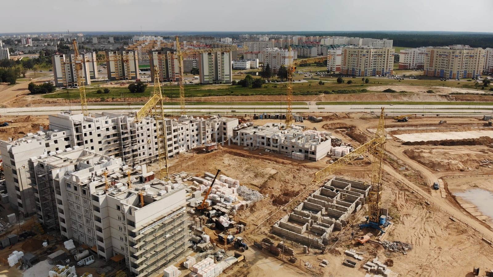 Construction of apartment buildings in Belarus. Drone view