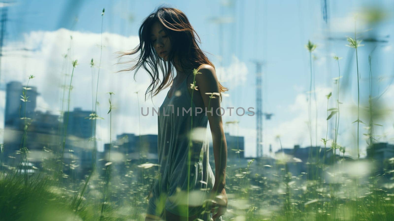 Side view of a dark-haired girl in a rice field near the city.
