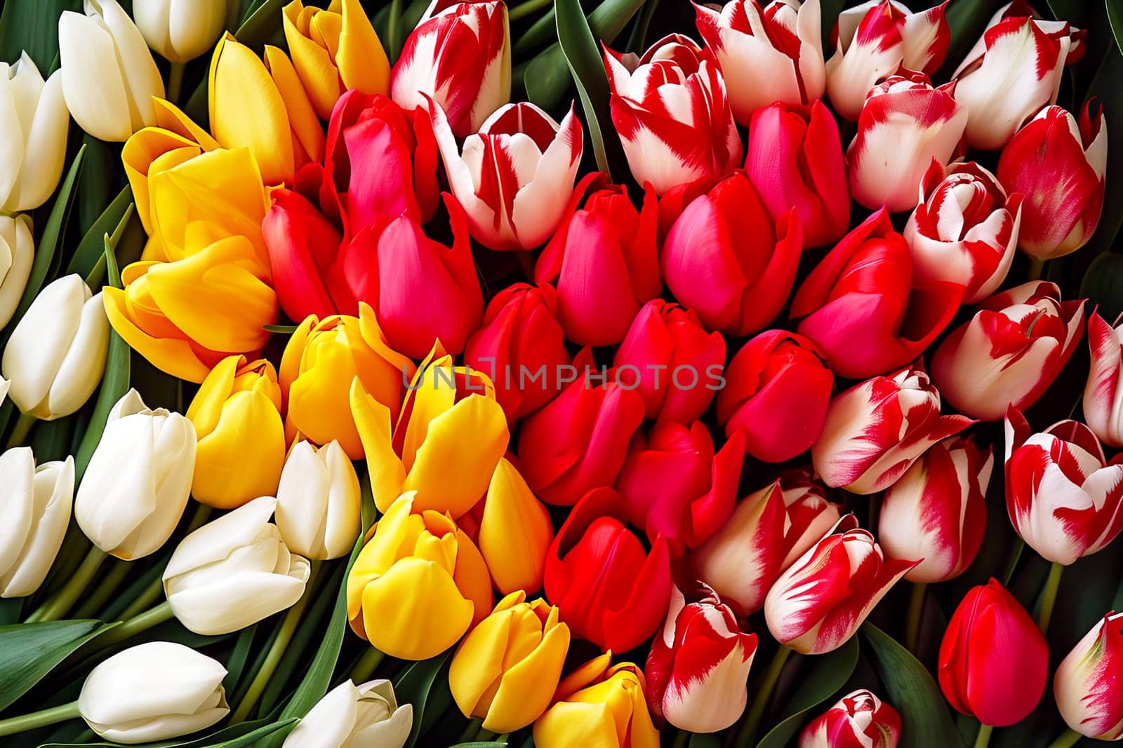 Mother's Day, Women's Day, heart shape made of small red, white and yellow tulips.
