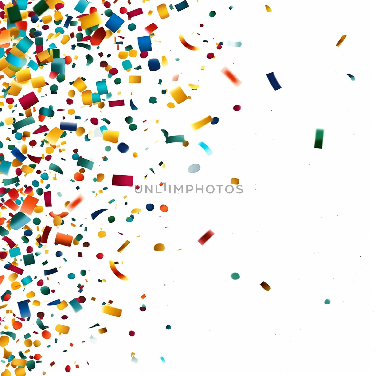 Colorful confetti pieces scattered on a white background.
