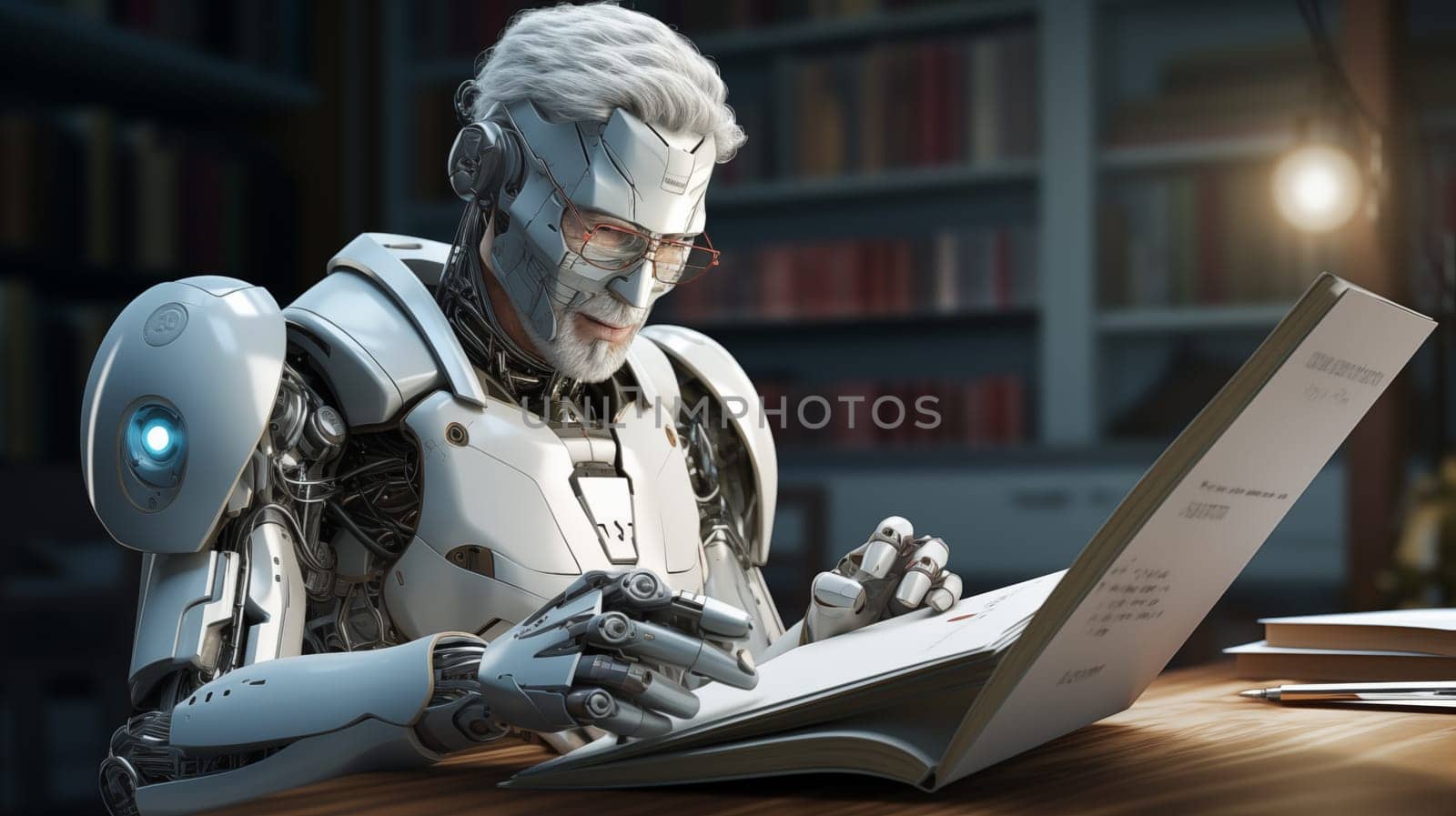 An advanced robot with a human-like face engrossed in reading a book, surrounded by a library by Zakharova