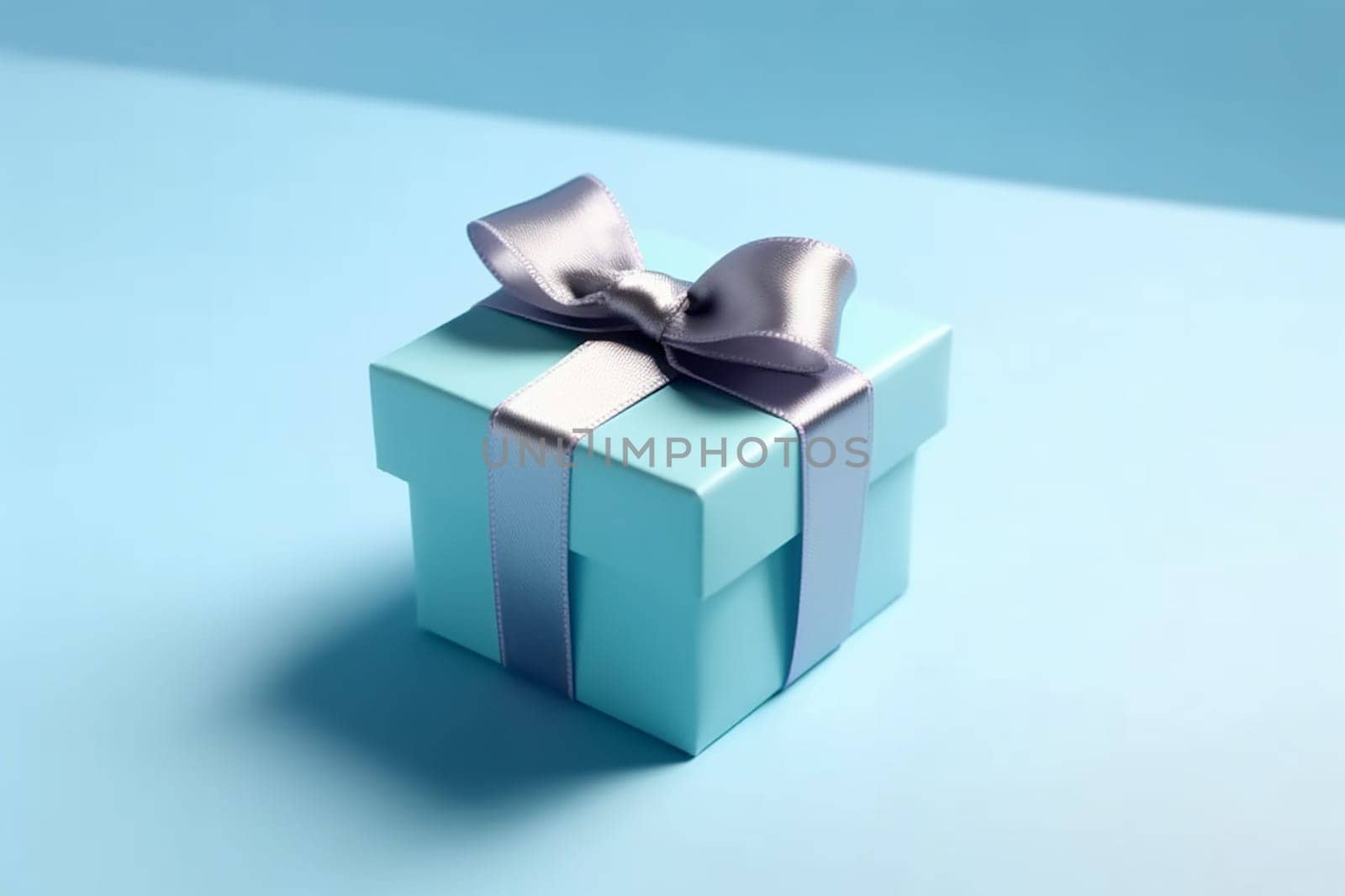 A small blue box with a silver ribbon on blue background