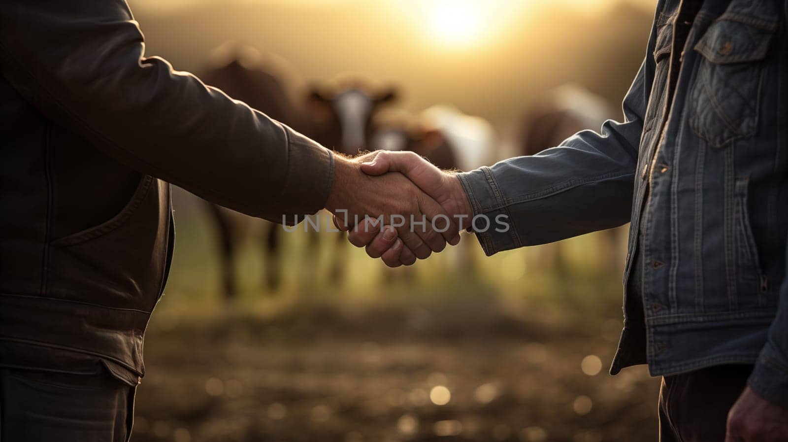 handshake of two farmers against the background with cows by Zakharova