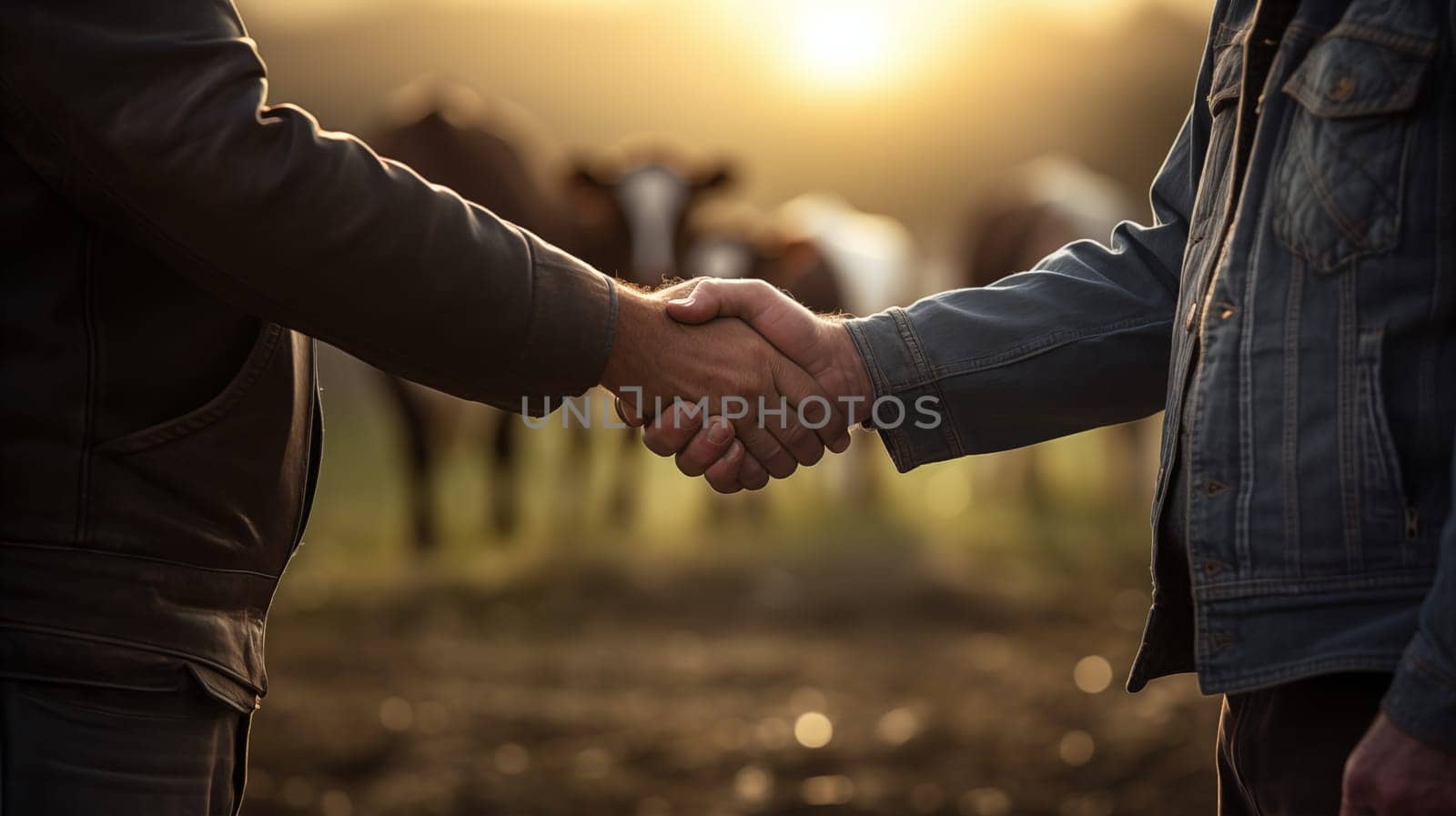 Handshake of two farmers against the background with cows.