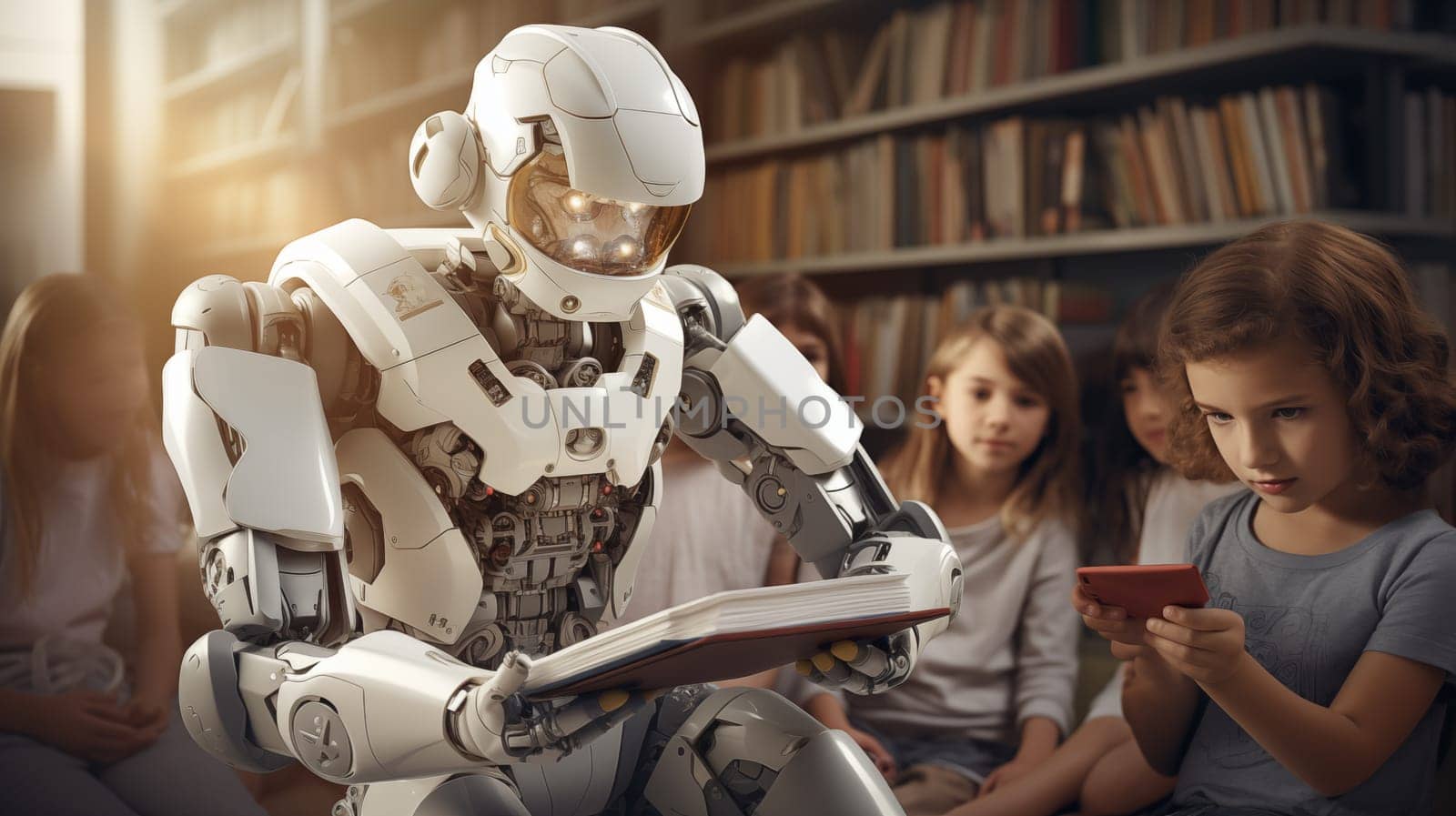 A humanoid robot interacts with a group of fascinated children reading a book, illustrating modern education and technology in a classroom setting.