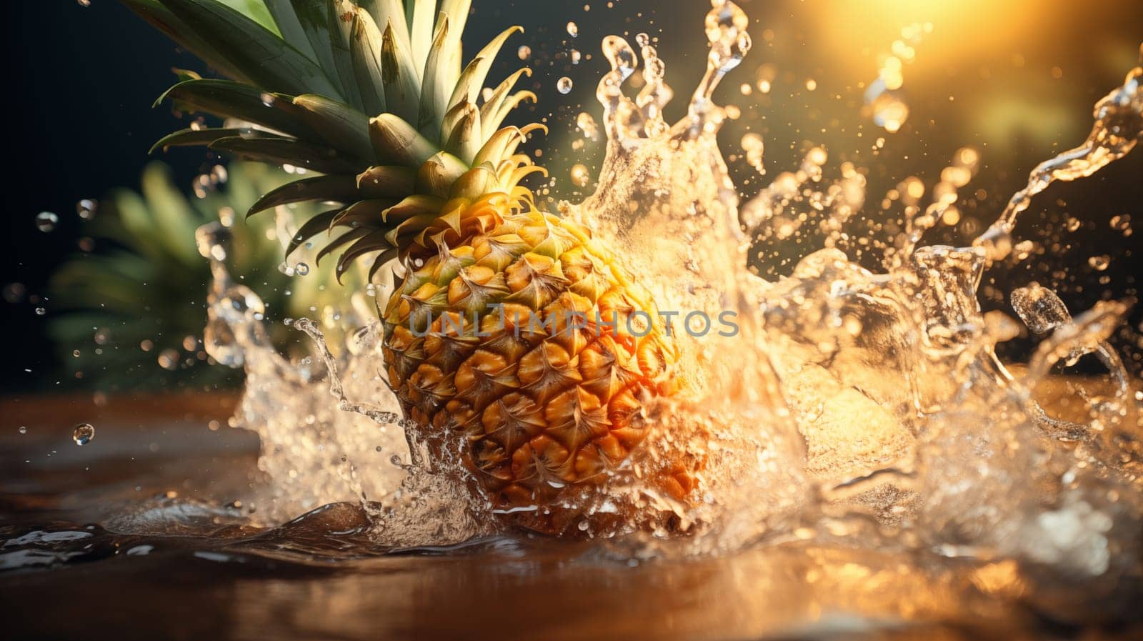 Beautiful fresh pineapple and slice fall in blue water, with splashes by Zakharova
