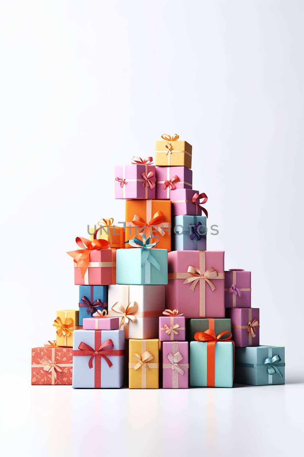 Colorful assorted gift boxes stacked in a pyramid shape.