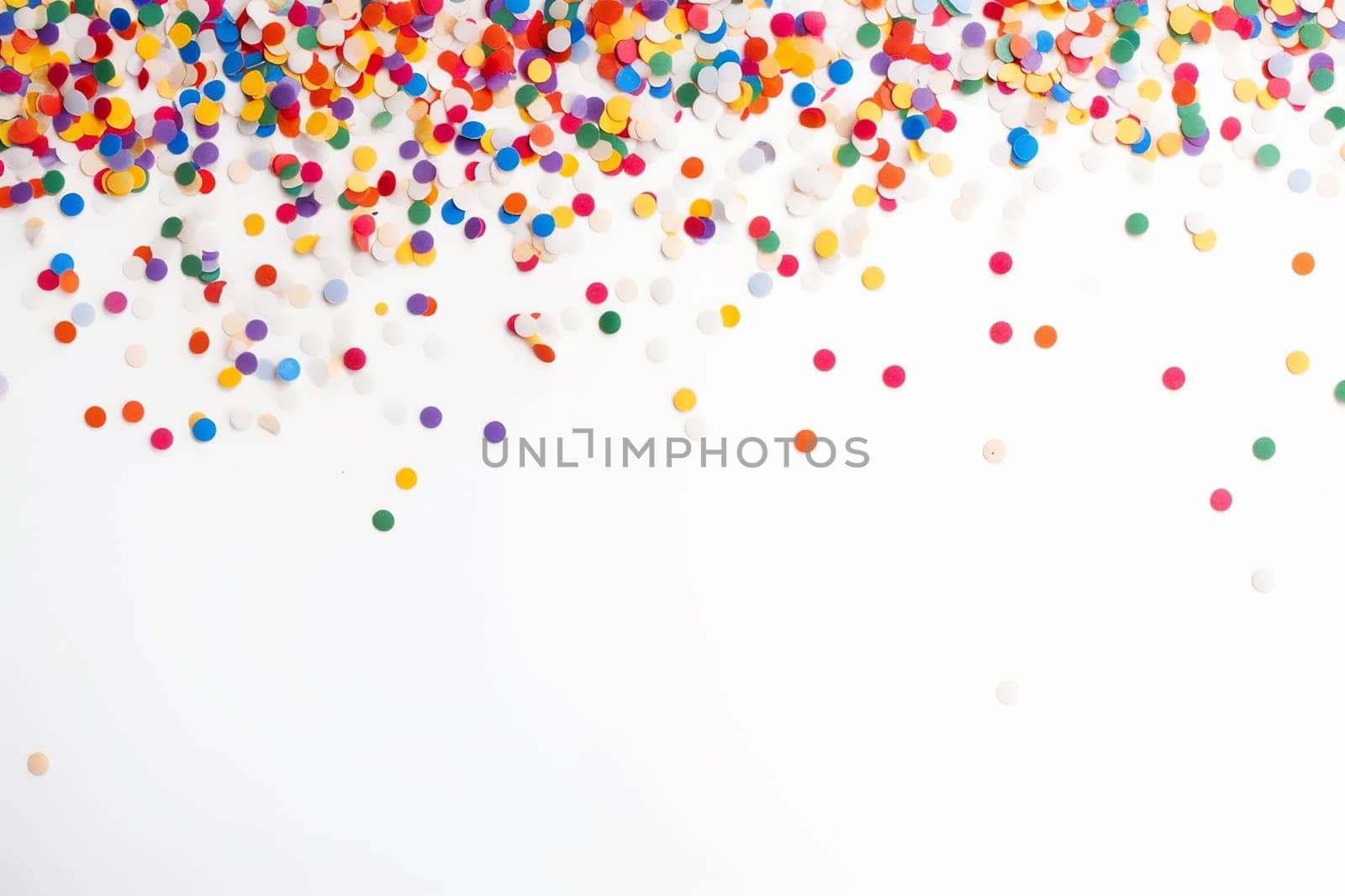 Colorful scattered confetti on a white background.