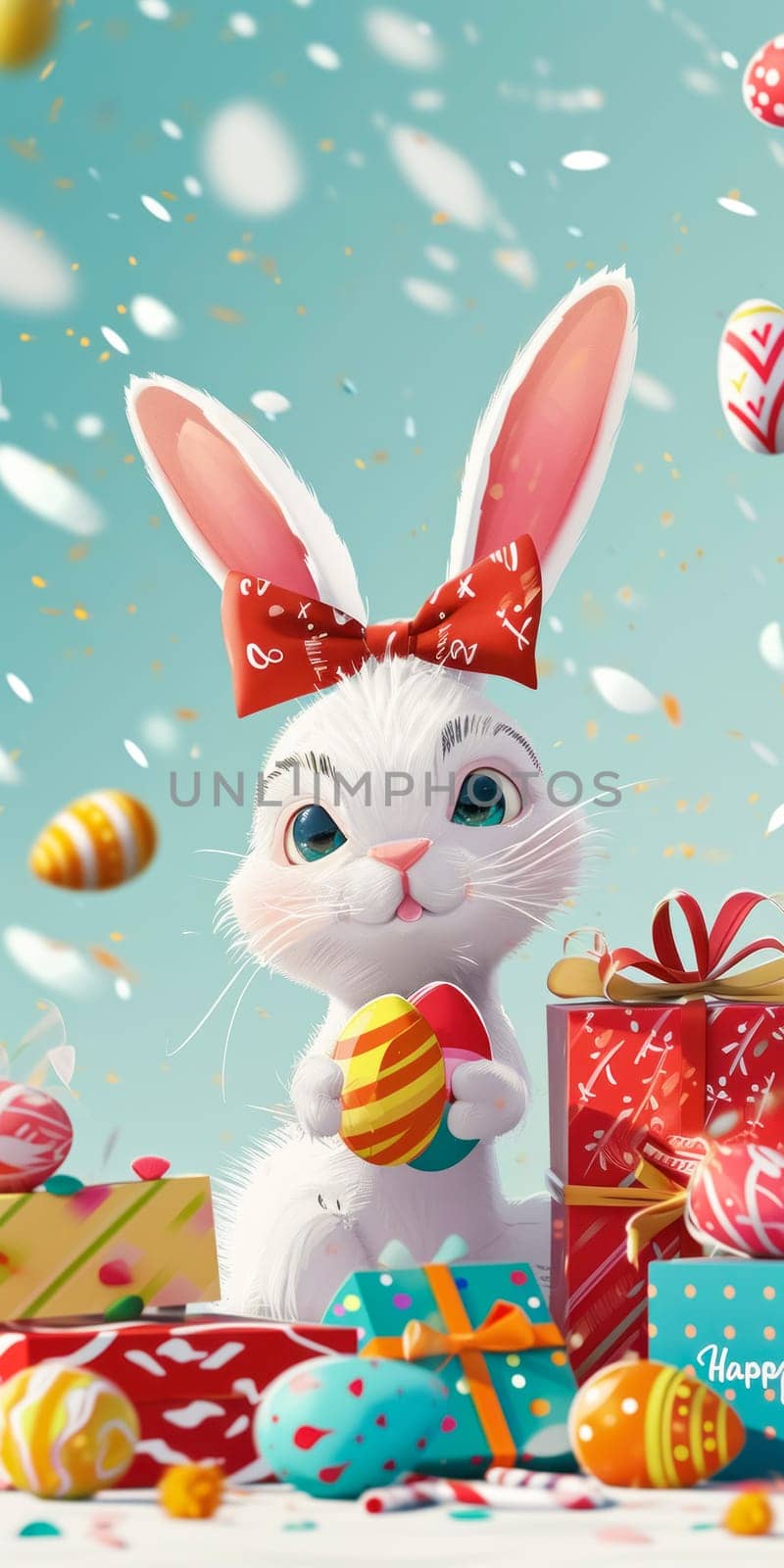 An endearing Easter bunny holding a decorated egg, surrounded by a festive array of colorful Easter eggs and gift boxes, with butterflies fluttering around.