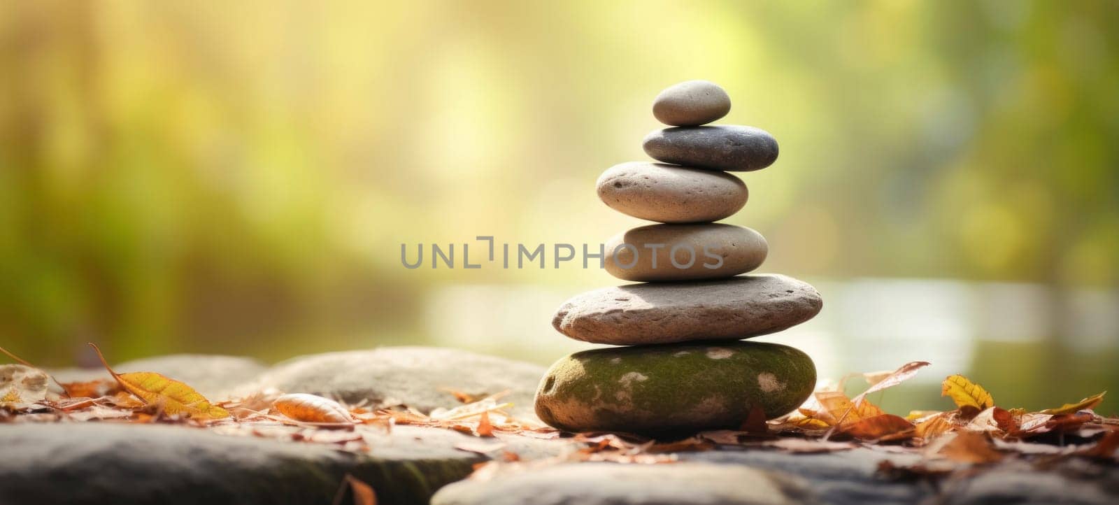 A harmonious stack of smooth river stones in a tranquil natural setting, with a soft focus on a green, sunlit background, evoking a sense of balance and calm.