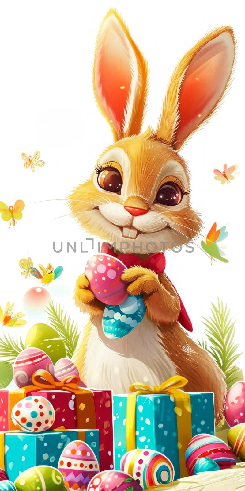 An endearing Easter bunny holding a decorated egg, surrounded by a festive array of colorful Easter eggs and gift boxes, with butterflies fluttering around.