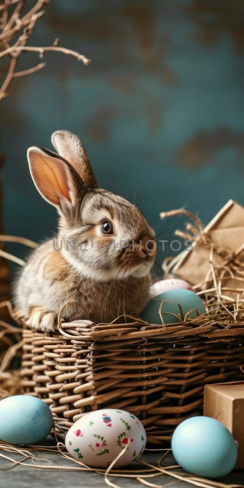 An adorable bunny nestled among dyed Easter eggs in a wicker basket