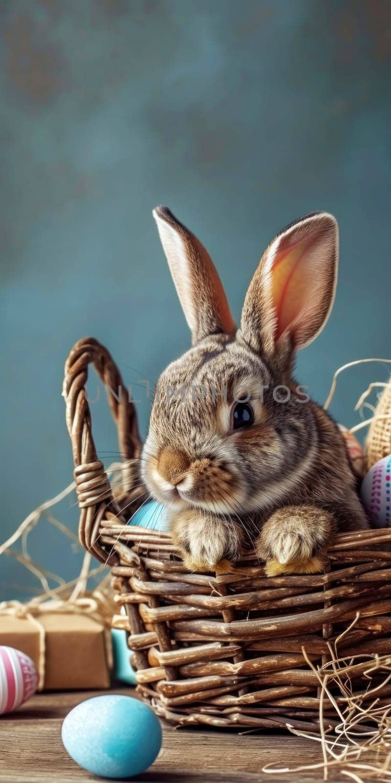 Adorable grey bunny sitting in a wicker basket filled with colorful Easter eggs on a rustic wooden surface against a blue backdrop.