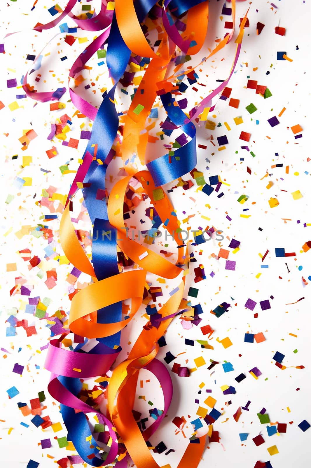 Colorful ribbons and confetti scattered over a white background. by Hype2art