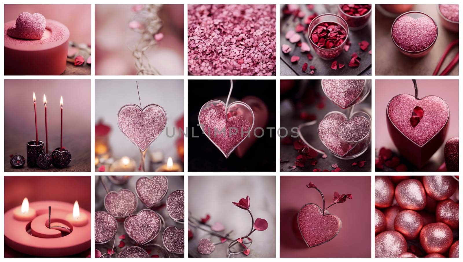 A mosaic of Valentine's Day themes featuring hearts in various shades of pink and red - Romantic moodboard by chrisroll