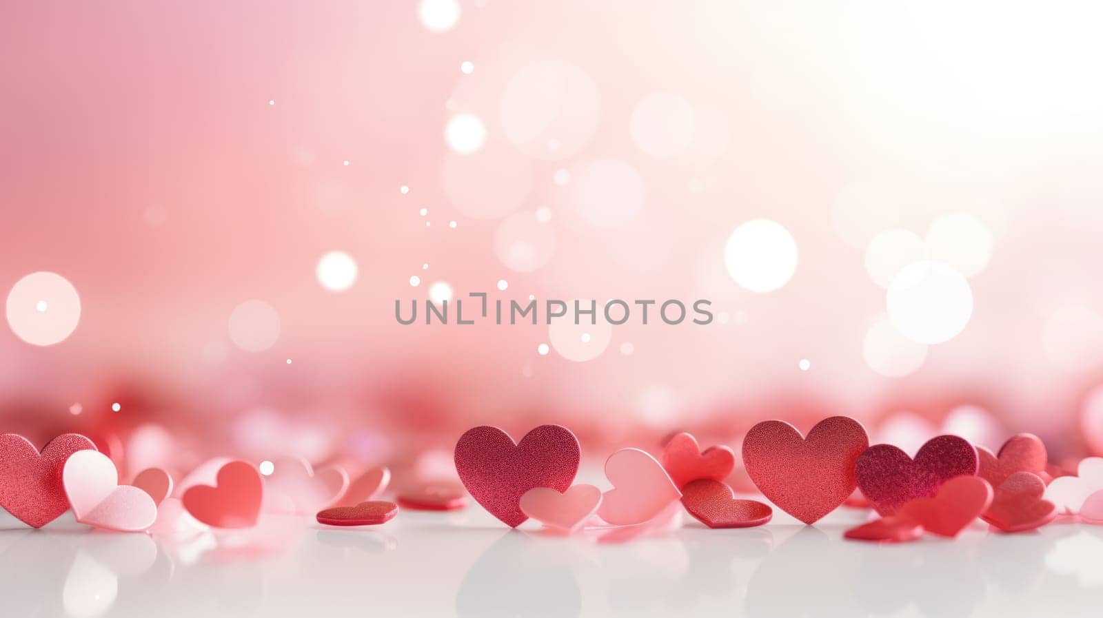 Red sparkly hearts on the table with bokeh background. Valentine's Day background and texture