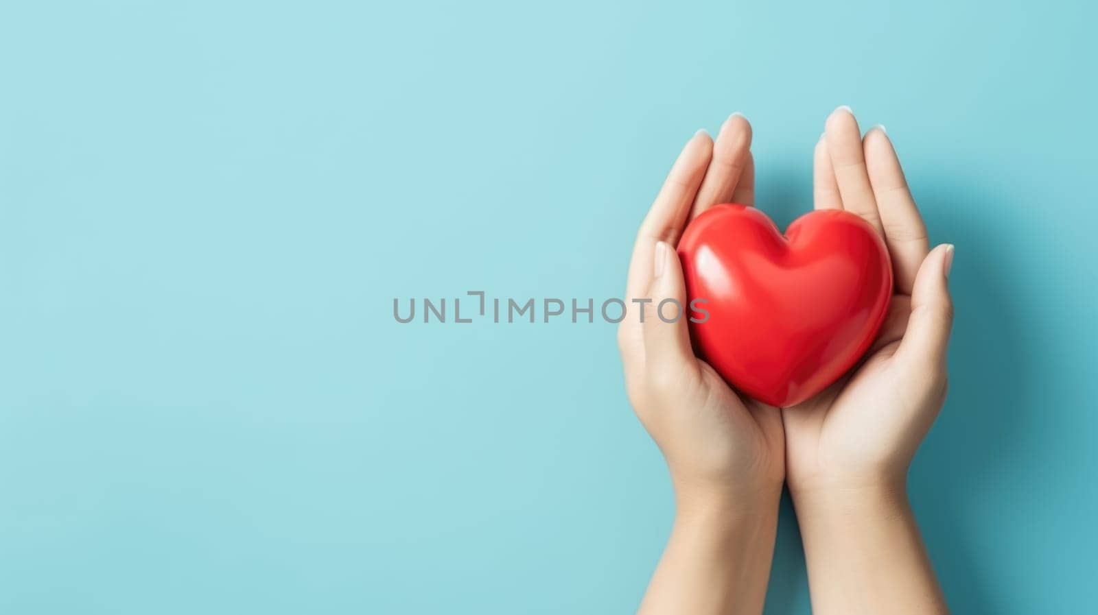 Hands holding red heart on blue background. St Valentine's Day vibe