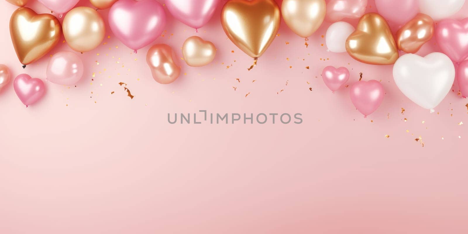 Pink and gold air balloons on white background. Concept wedding, valentines day, photo zone, lovers, birthday. Banner. by JuliaDorian