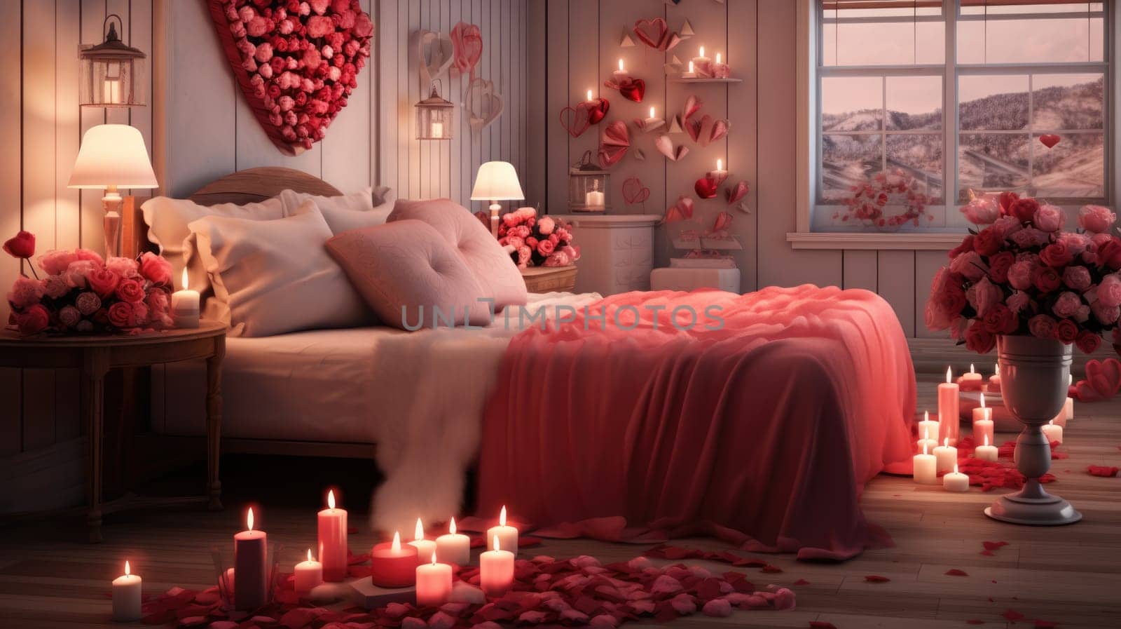 Interior of festive room decorated for Valentine's Day with air balloons, flowers and candles by JuliaDorian