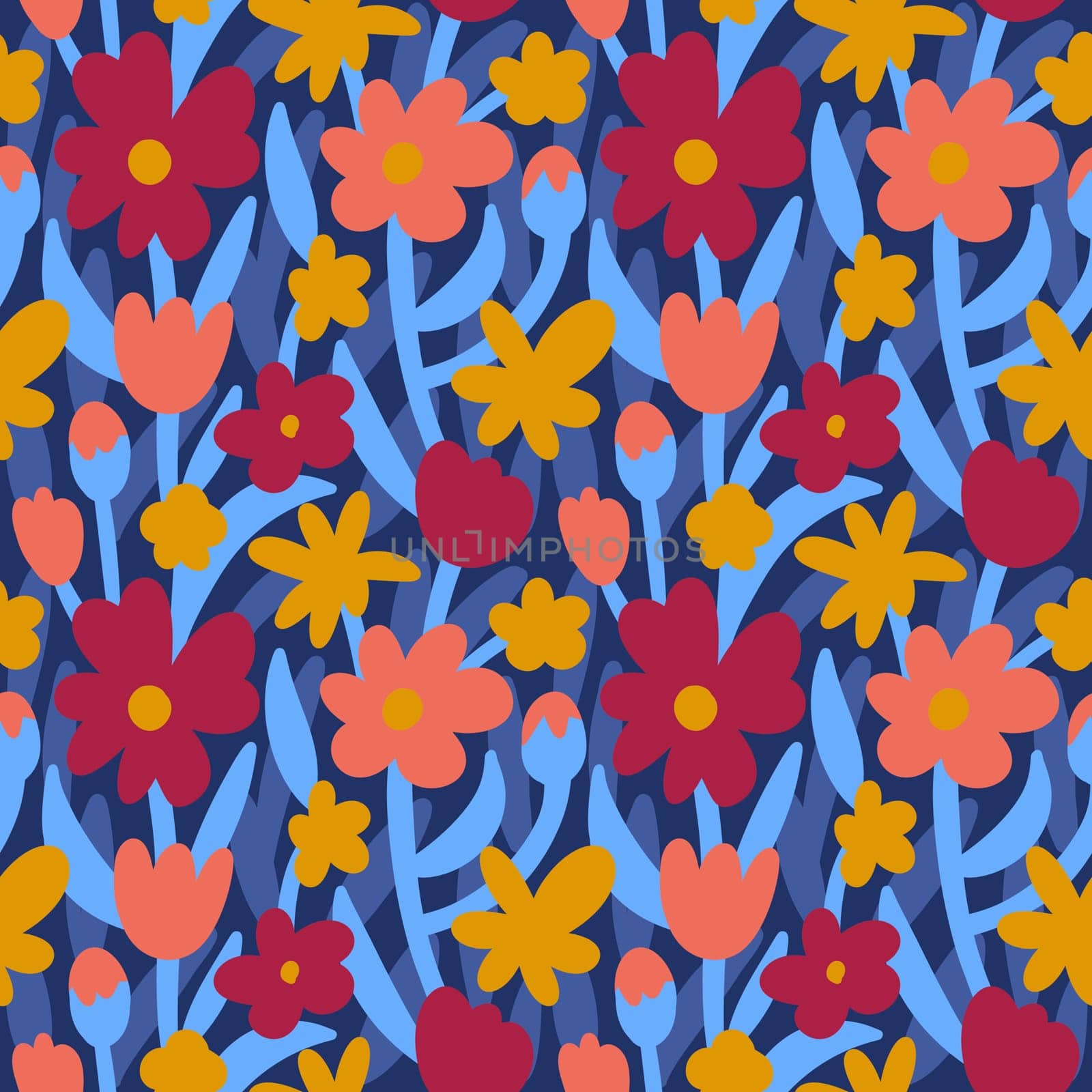 Hand drawn seamless pattern with flower floral elements, blue red yellow blossom leaves. Nature bold botanical print, peach apricot bloom daisy, modern contemporary style