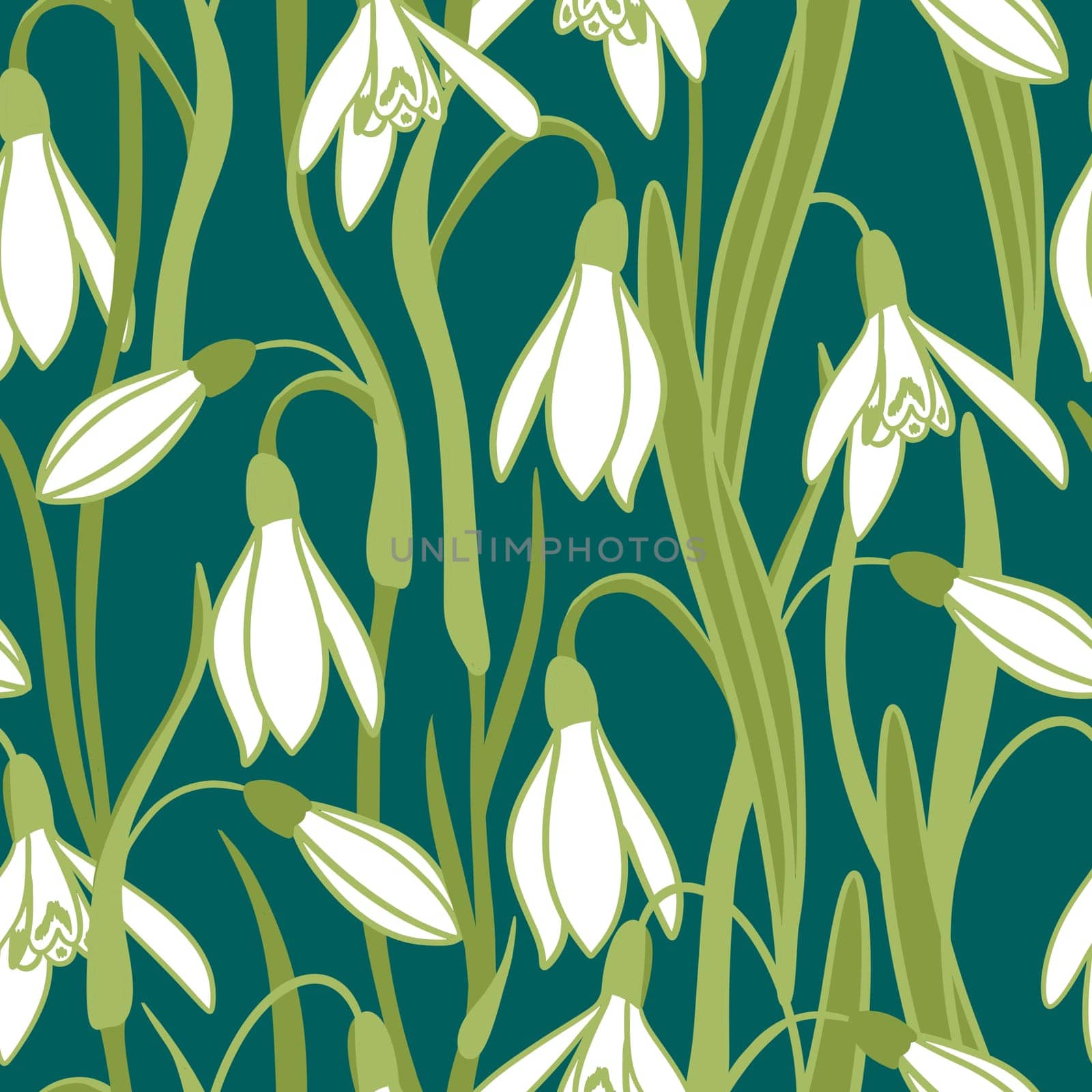 Hand drawn seamless pattern of green snowdrop galanthus flower with white leaves. Spring forest plant, pastel nature botanical art, bloom blossom first flower snow wood, realistic petal botany. by Lagmar