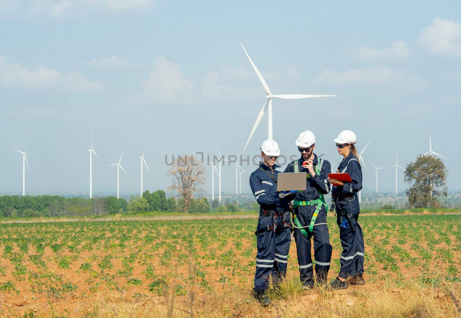 Three technician workers man and woman stand in front of row of windmill or wind turbine and work together using laptop with day light. by nrradmin