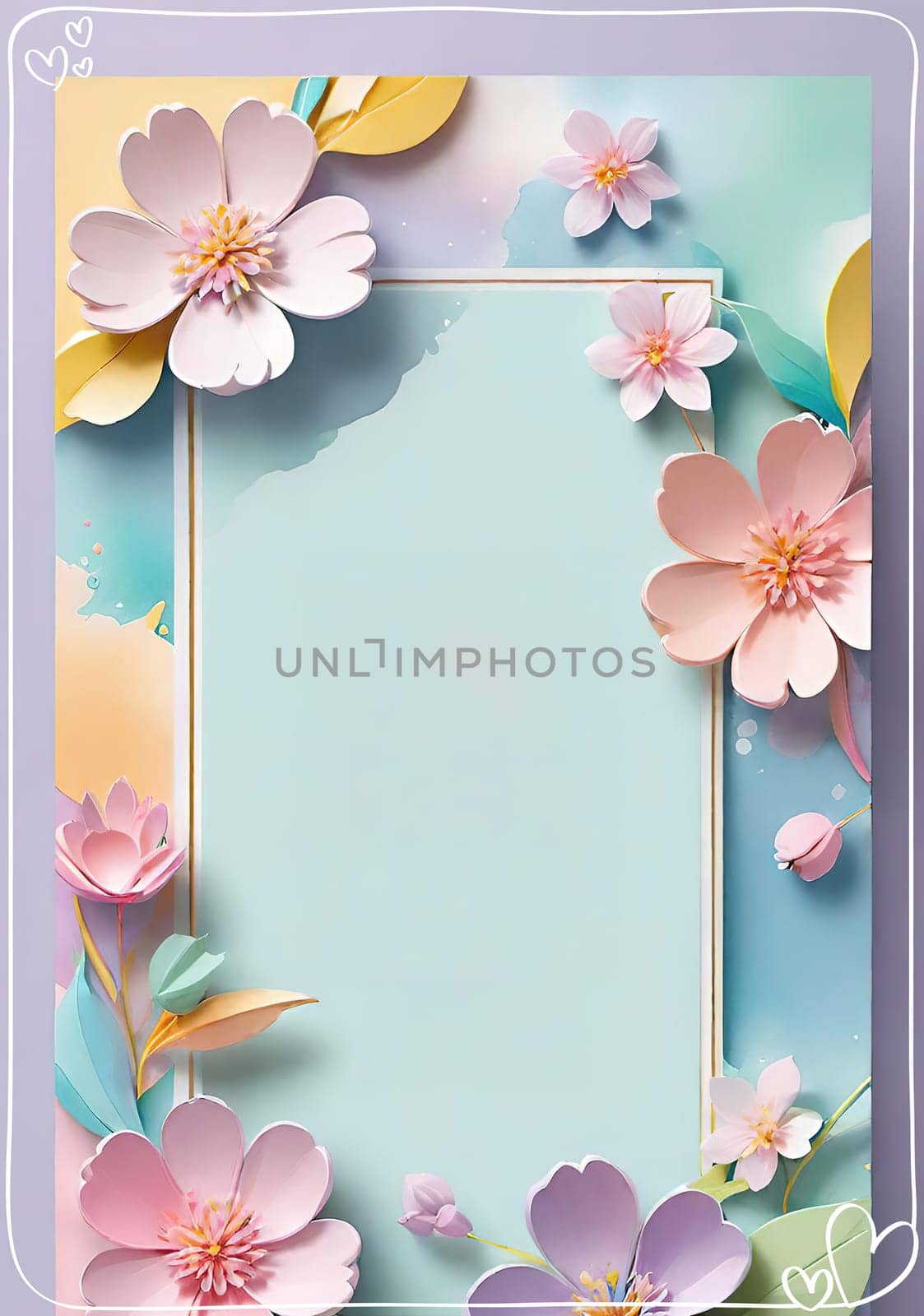 Cherry blossom frame on pastel background with space for text. Sakura.Paper art of Cherry blossom with frame on pastel background.Paper cut style.Spring background with sakura flowers and leaves. Vector paper illustration.3d rendering.Spring flowers frame with copy space for your text. Pastel colors.Minimal style.İnvitation and celebrations.