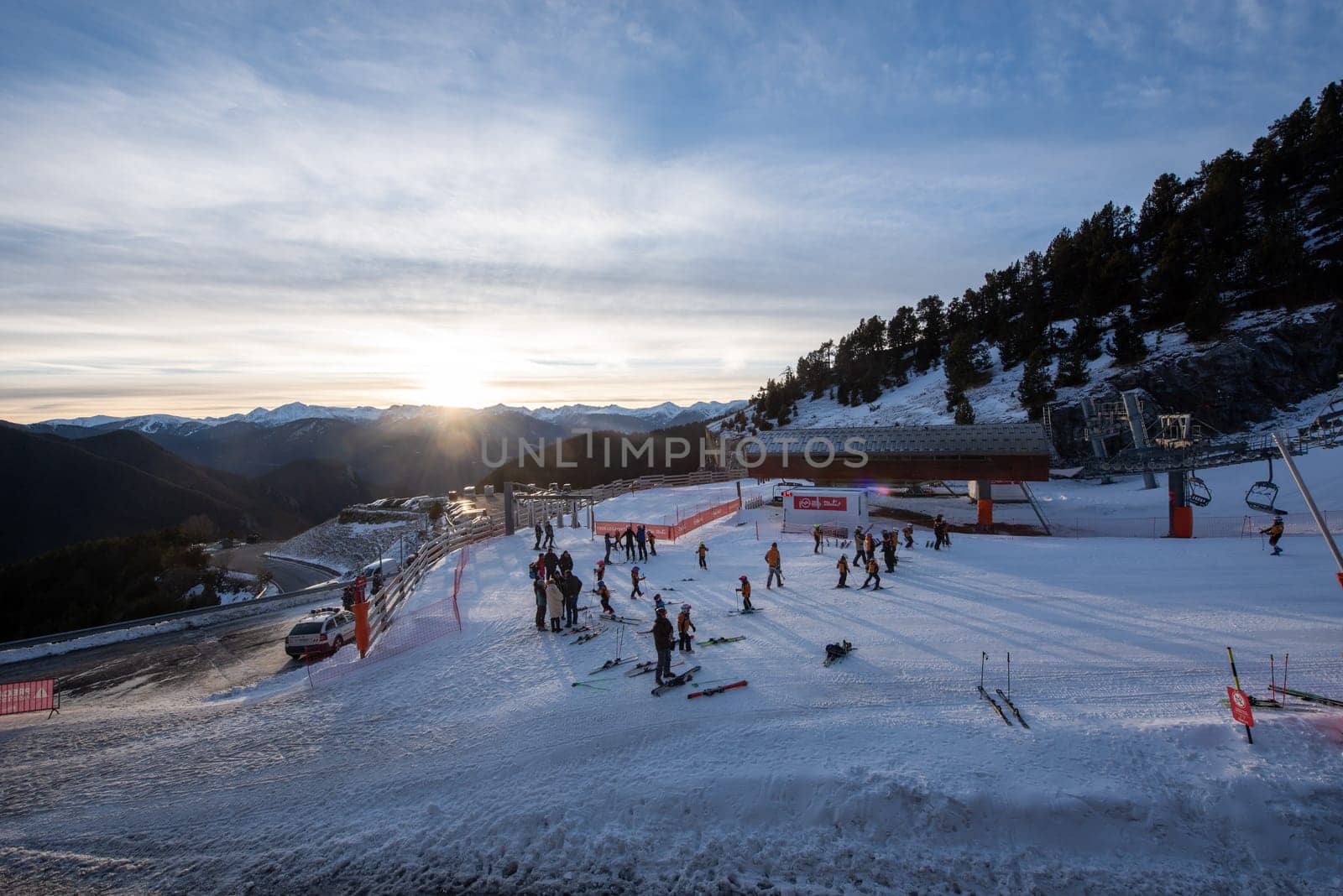 Arinsal, Andorra : January 20, 2024 : 
Panorama at the Pal-Arinsal ski resort in Andorra in the ISMF Ski Mountaineering World Cup Comapedrosa Indivudal Race Senior Men in Andorra on January 2024.