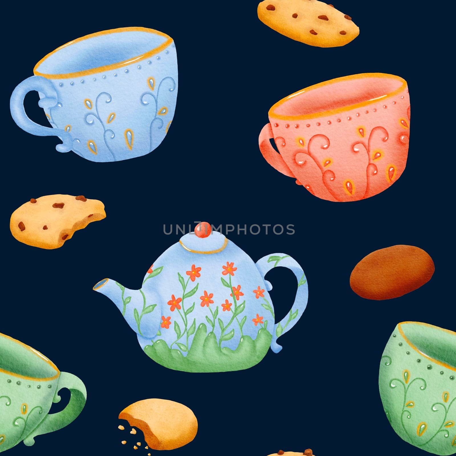 Seamless pattern of cookies, teapot and cup with ornament, Isolated hand drawn digital watercolor illustration isolated on white. English tea, health drink, coffee. dark background.
