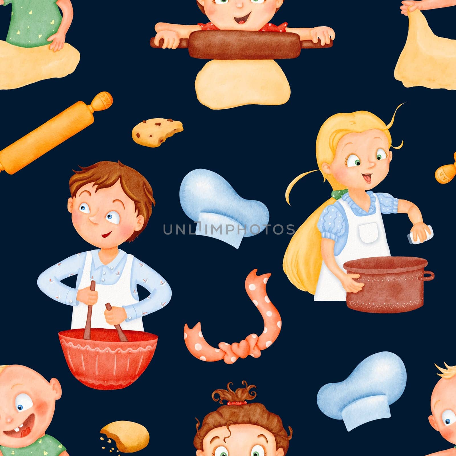 Seamless pattern. Happy funny cute kids are cooking lunch. The little helpers are making dinner. A friendly cozy family. children in the kitchen. Watercolor black background Joyful characters by Art_Mari_Ka