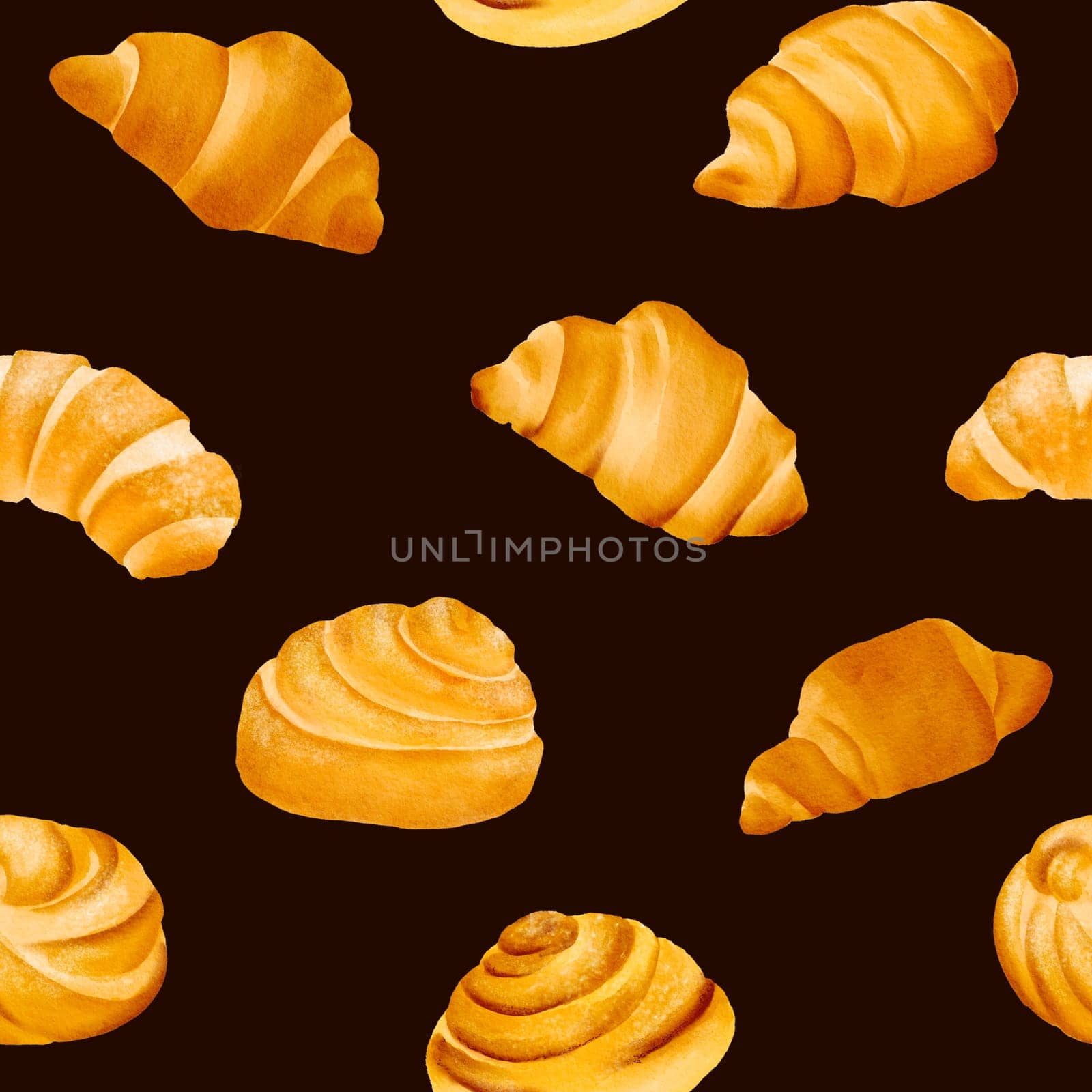 Seamless pattern crispy, fragrant croissants with a tanned crust. The perfect French breakfast and snack at work. Good for a tea party. Isolated hand drawn digital watercolor black background by Art_Mari_Ka