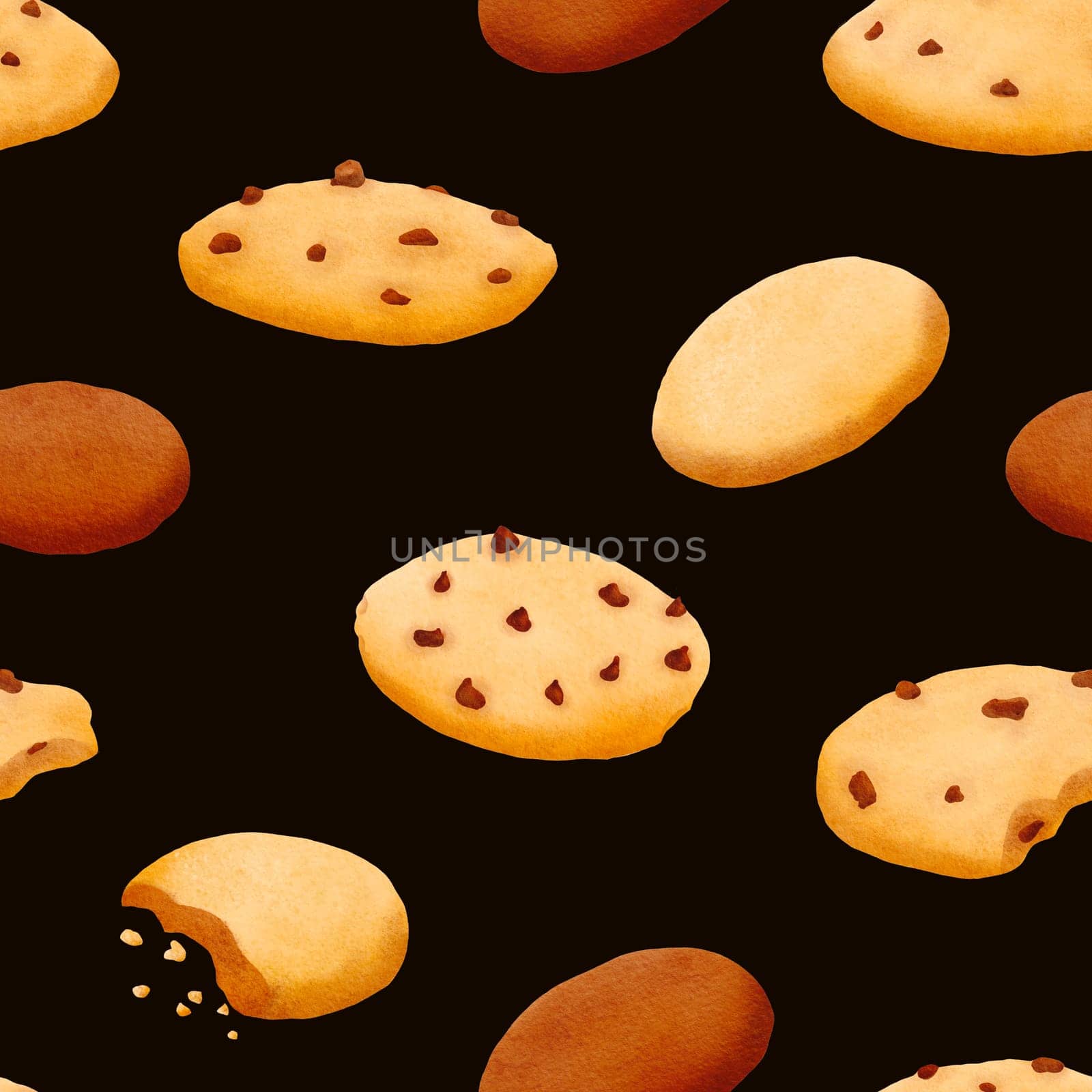 Seamless pattern of fresh delicious crispy sweet cookies. The pastry with pieces of chocolate and crumbs. yummy for a tea party and a snack. Isolated hand drawn digital watercolor illustration: print.