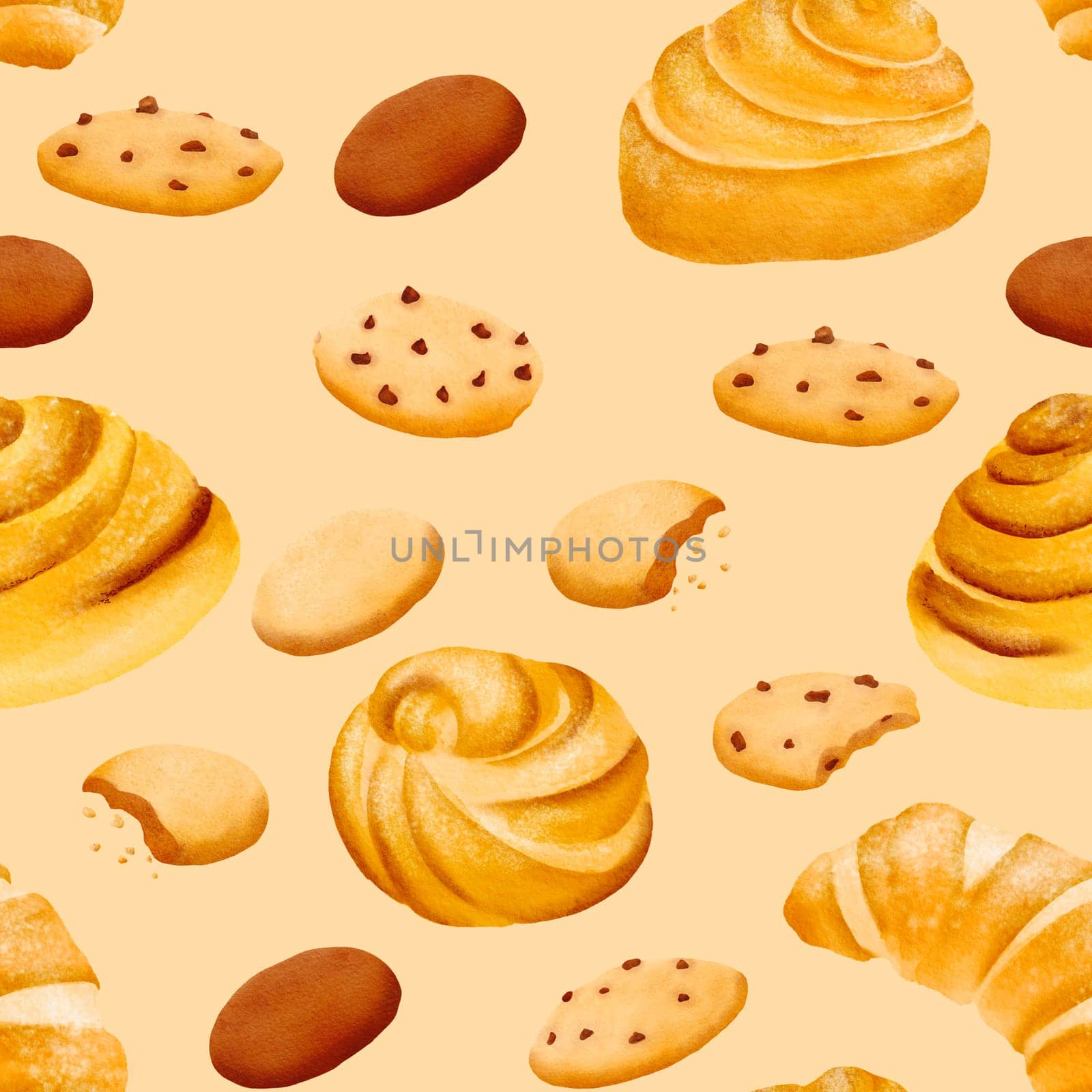 Seamless pattern of fresh delicious crispy sweet cookies and fresh fragrant buns. The pastry with pieces of chocolate and crumbs. yummy. Isolated hand drawn digital watercolor beige background.