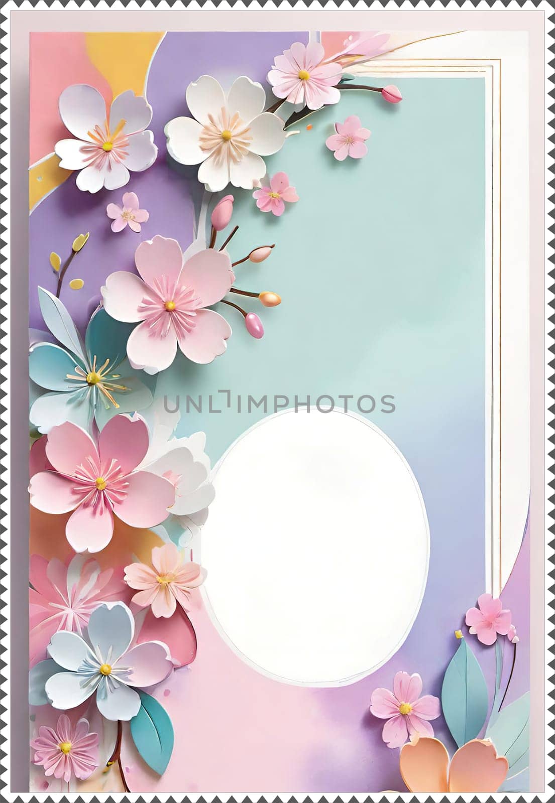 Cherry blossom frame on pastel background with space for text. Sakura.Paper art of Cherry blossom with frame on pastel background.Paper cut style.Spring background with sakura flowers and leaves. Vector paper illustration.3d rendering.Spring flowers frame with copy space for your text. Pastel colors.Minimal style.İnvitation and celebrations.