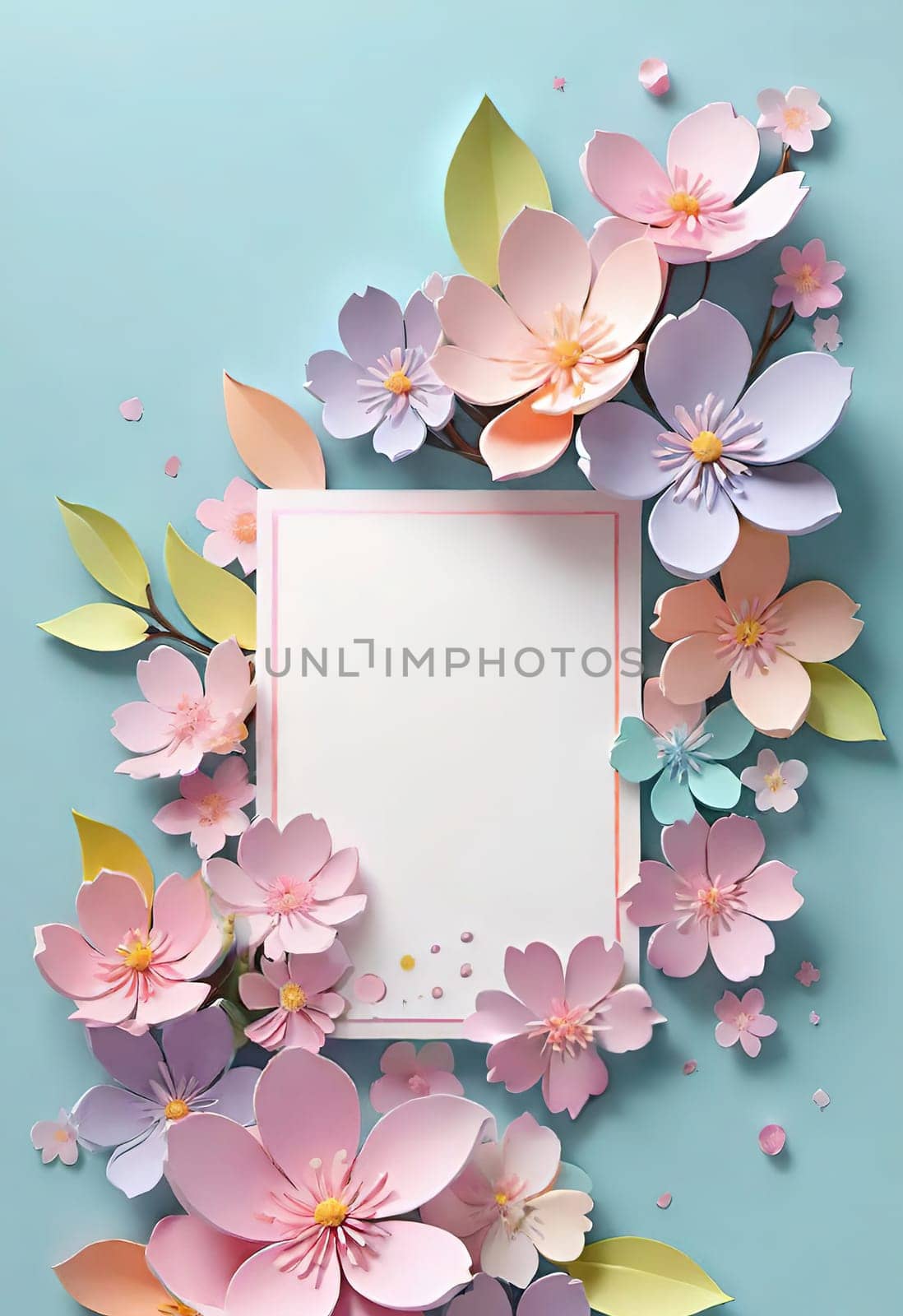 Cherry blossom frame on pastel background with space for text. Sakura.Paper art of Cherry blossom with frame on pastel background.Paper cut style.Spring background with sakura flowers and leaves. Vector paper illustration.3d rendering.Spring flowers frame with copy space for your text. Pastel colors.Minimal style.İnvitation and celebrations.