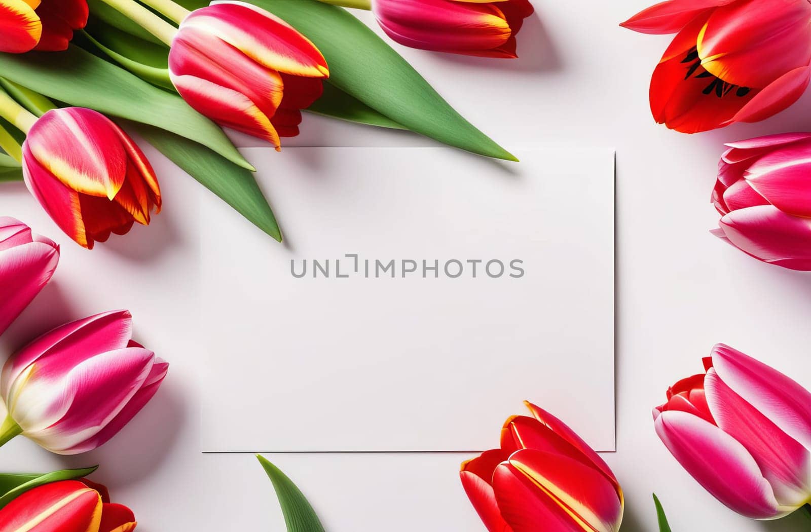 Women's Day card with copy space for text in a frame of pink and red tulips.