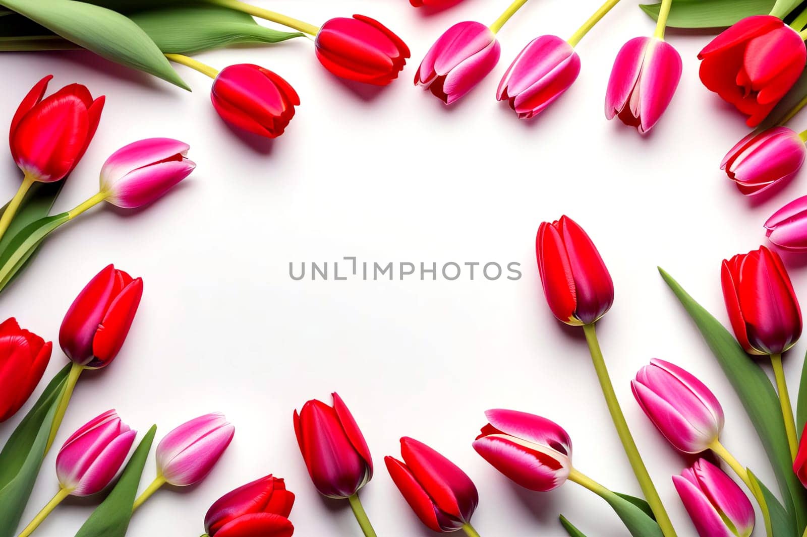 Women's Day card with copy space for text in a frame of pink and red tulips.