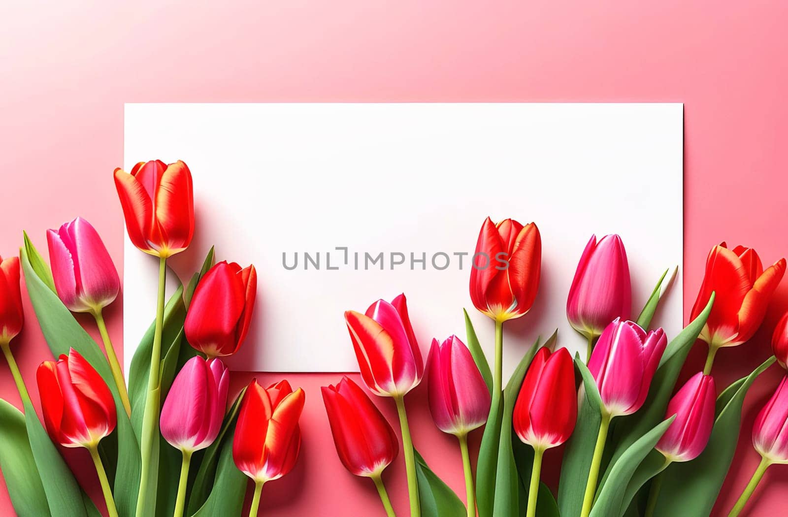 Women's Day card with copy space for text in a frame of pink and red tulips.