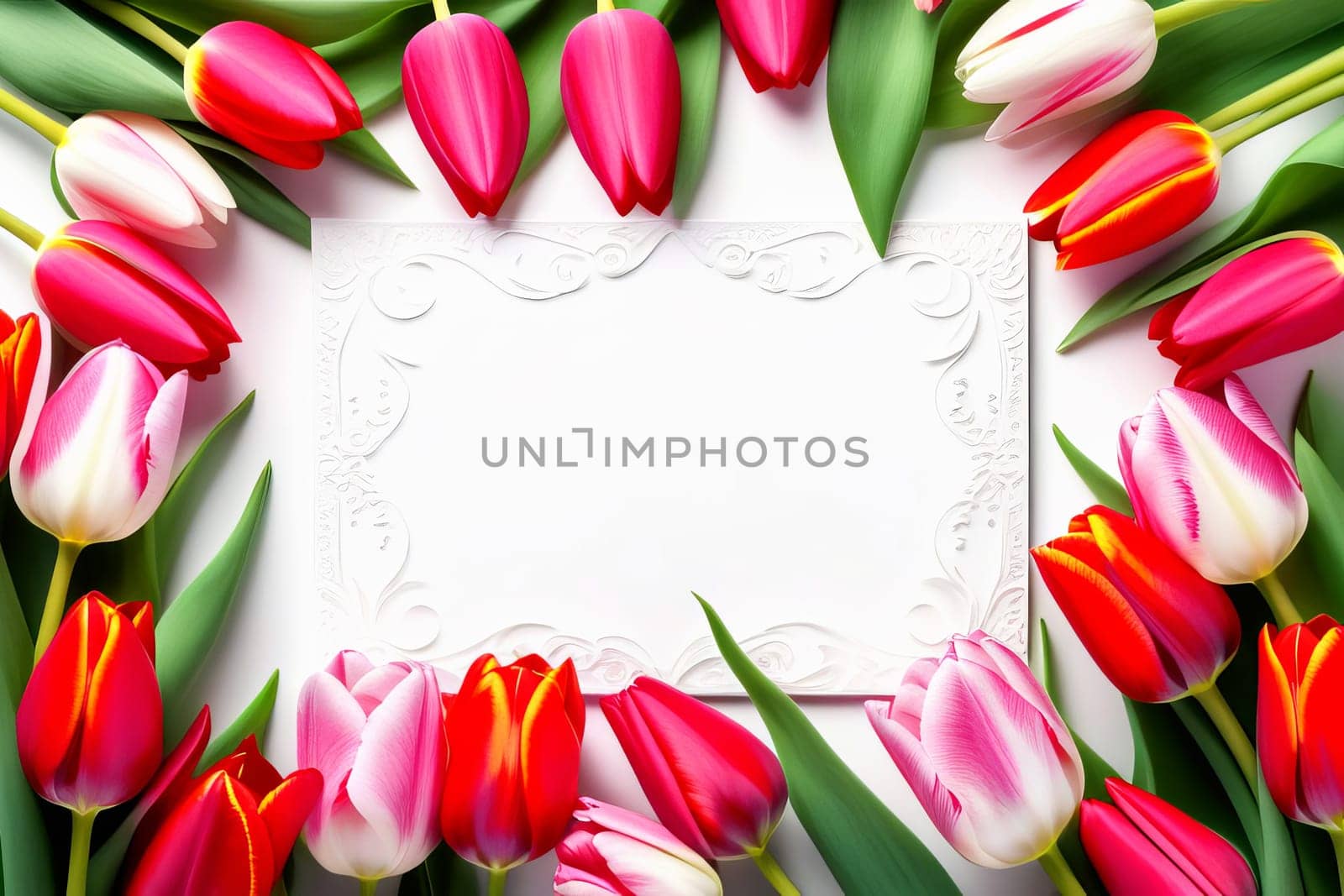 Women's Day card with copy space for text in a frame of pink and red tulips.