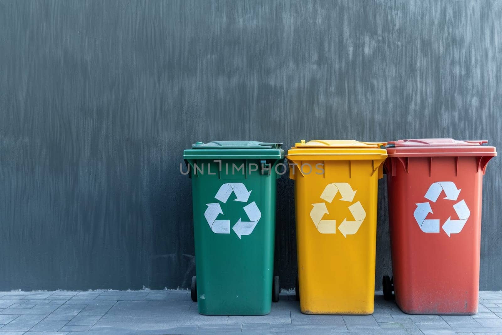 garbage cans with recycle symbols and copy space on grey background.