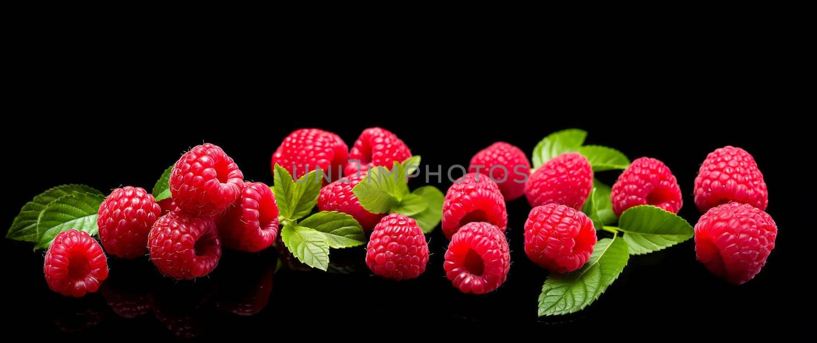 Raspberries with leaves isolated on black background background.