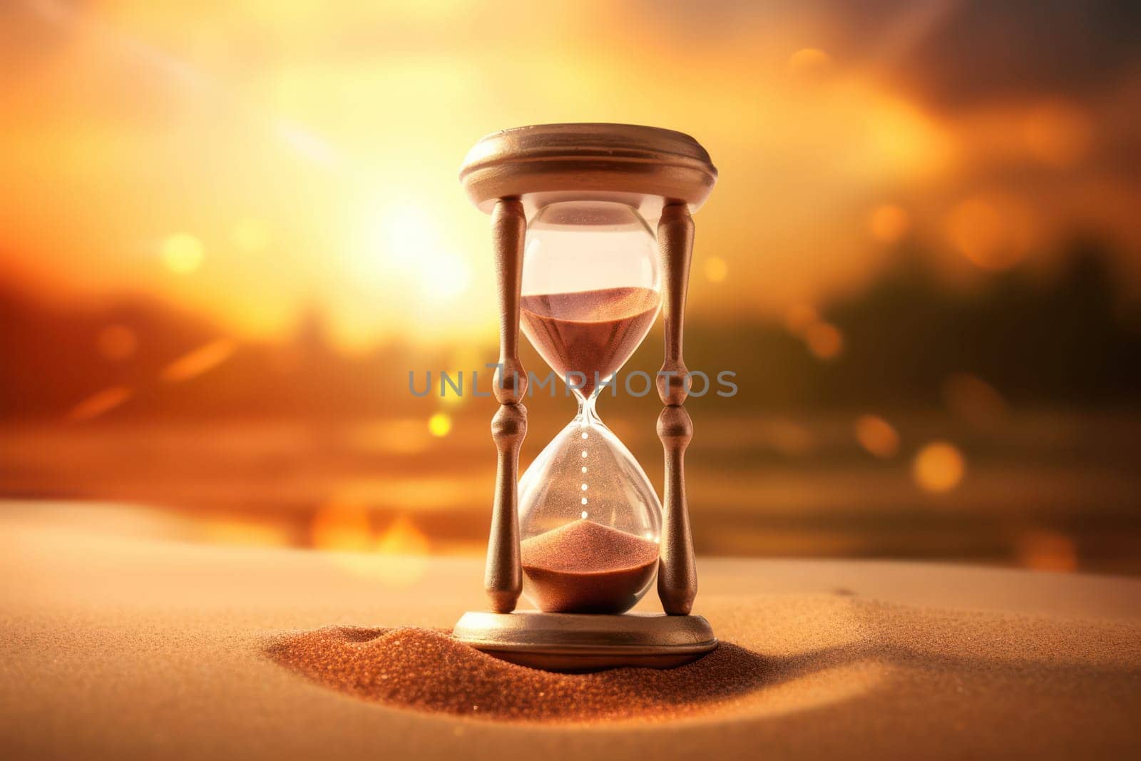 Time Passing: A Retro Vintage Hourglass measuring the Speed of Business Pressure with a Close-up View on Falling Sand, Symbolizing Urgency and Stress in a Tranquil Sunset Background