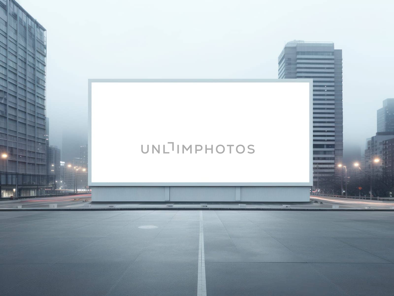 Modern Urban Communication: Blank Billboard in City Skyline with White Ad Panel for Marketing Promotion by Vichizh