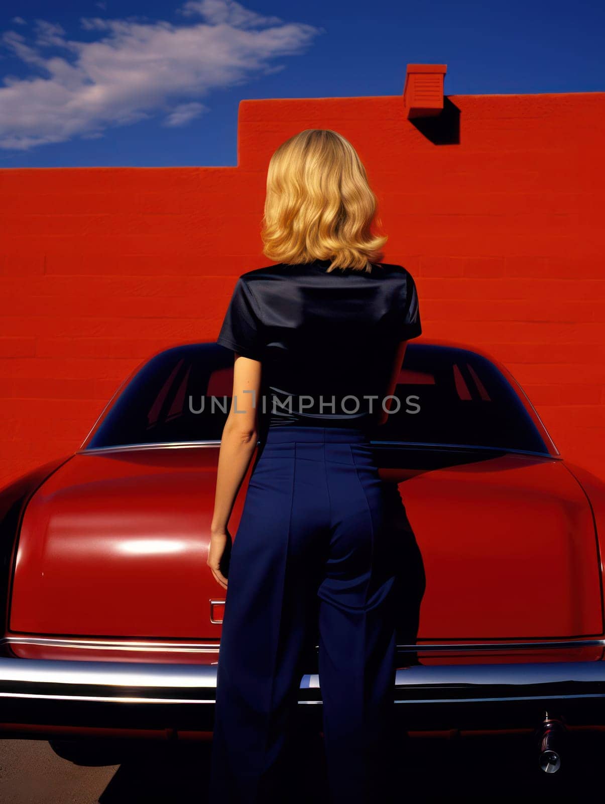 Red Retro Car, Radiant Beauty, and Carefree Summer Vibes: A Captivating Portrait of a Modern Vintage Lady in a Stylish Dress Standing Near a Classic Automobile on a Hot Street Under a Blue Sky