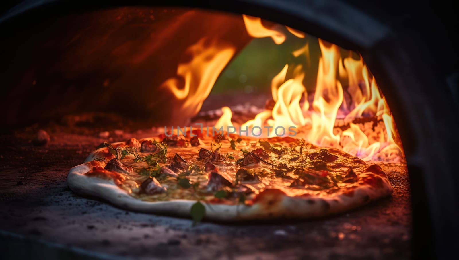 Flames dance in a traditional brick oven, heating up a delicious, hot pizza with bubbling mozzarella cheese and savory pepperoni - a mouthwatering Italian masterpiece. by Vichizh