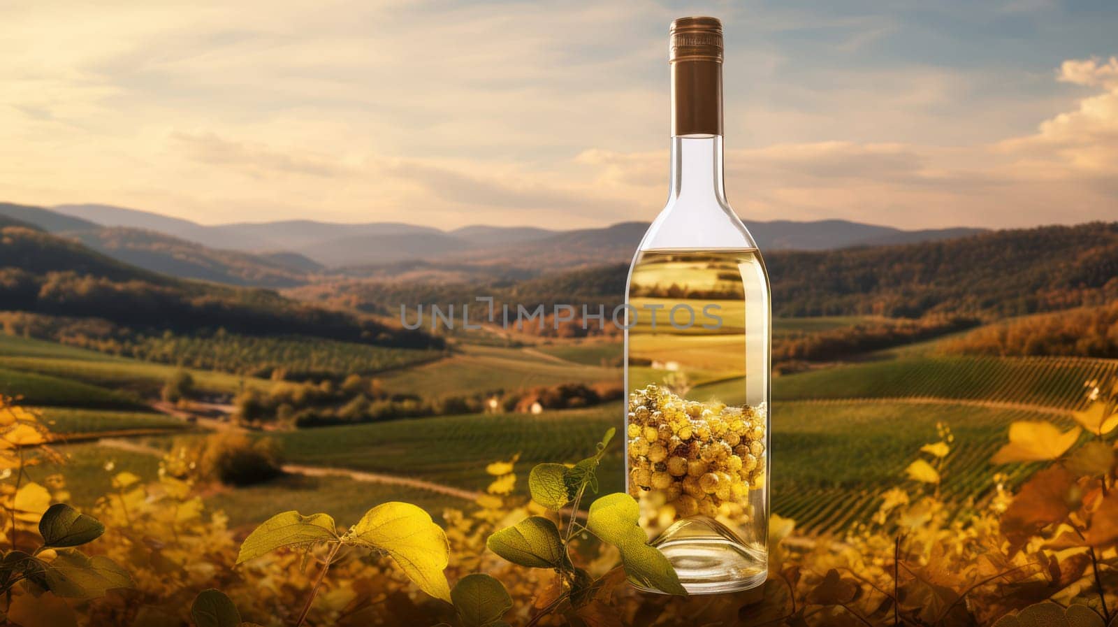 Bottle of Autumn Harvest: A Refreshing Glass of White Wine on a Green Vineyard Background by Vichizh