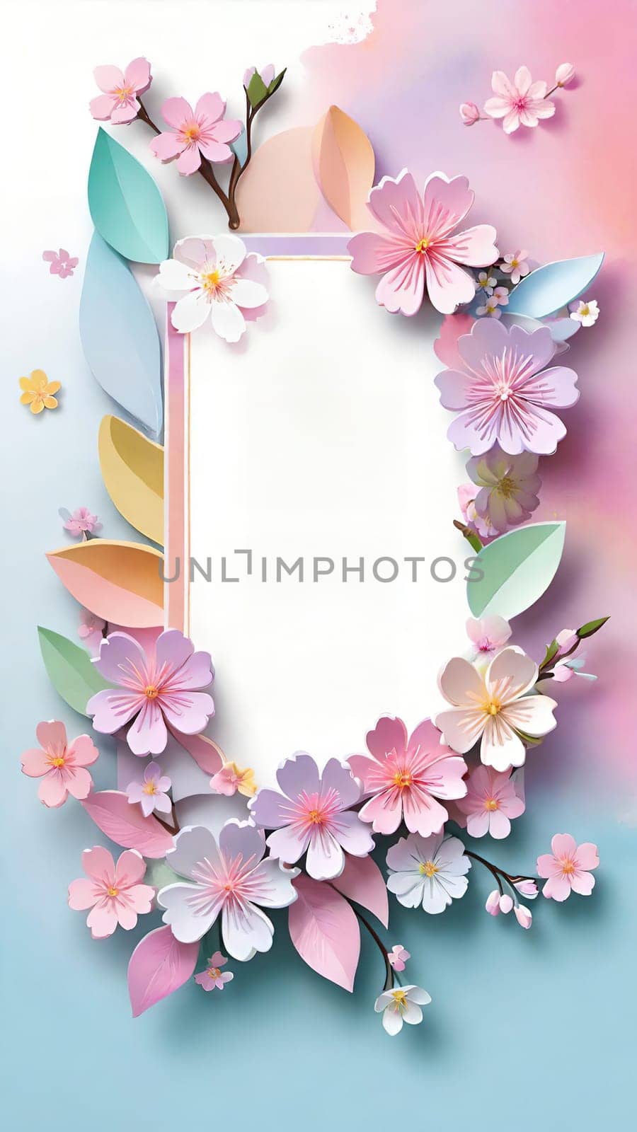 Cherry blossom frame on pastel background with space for text. Sakura.Paper art of Cherry blossom with frame on pastel background.Paper cut style.Spring background with sakura flowers and leaves. Vector paper illustration.3d rendering.Spring flowers frame with copy space for your text. Pastel colors.Minimal style.İnvitation and celebrations.